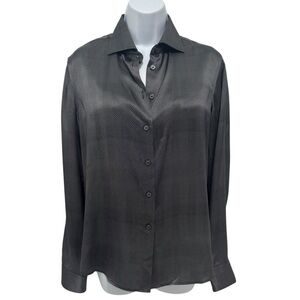 Giorgio Armani Runway Black & Gray Herringbone 100% Silk Button Front Top, Sz 6